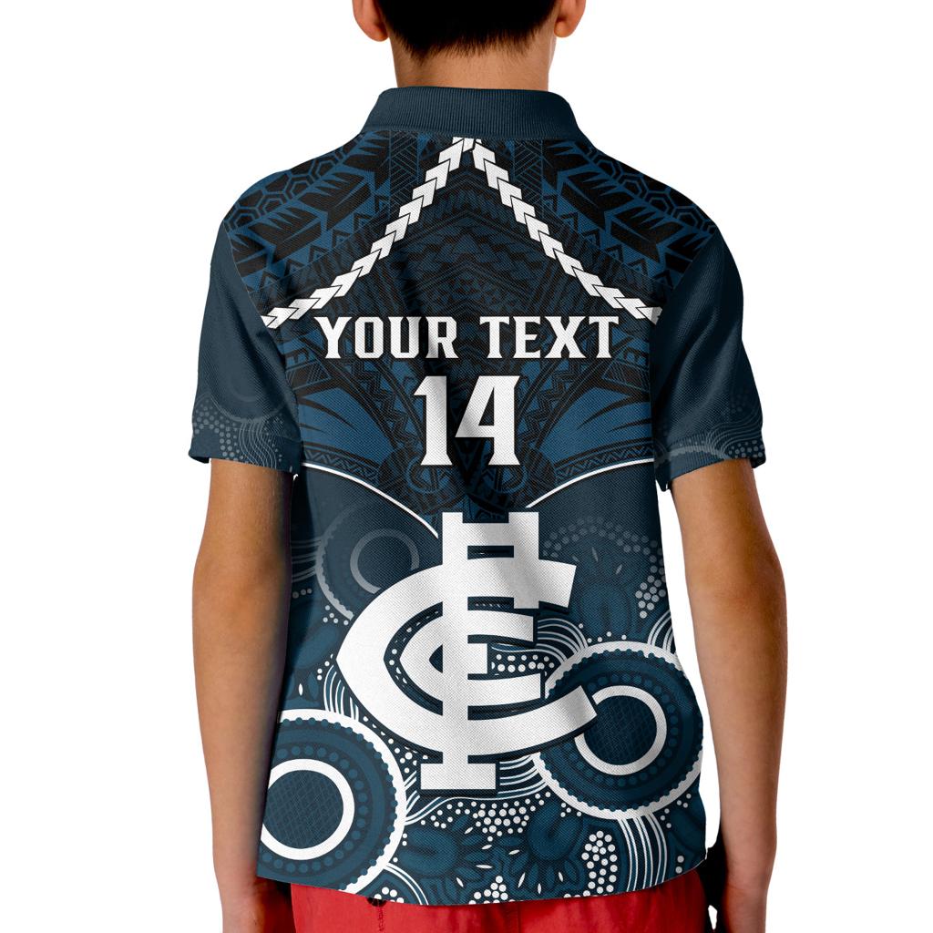 Personalised Carlton Football Kid Polo Shirt Blues Aboriginal Mix Polynesian Pattern LT14