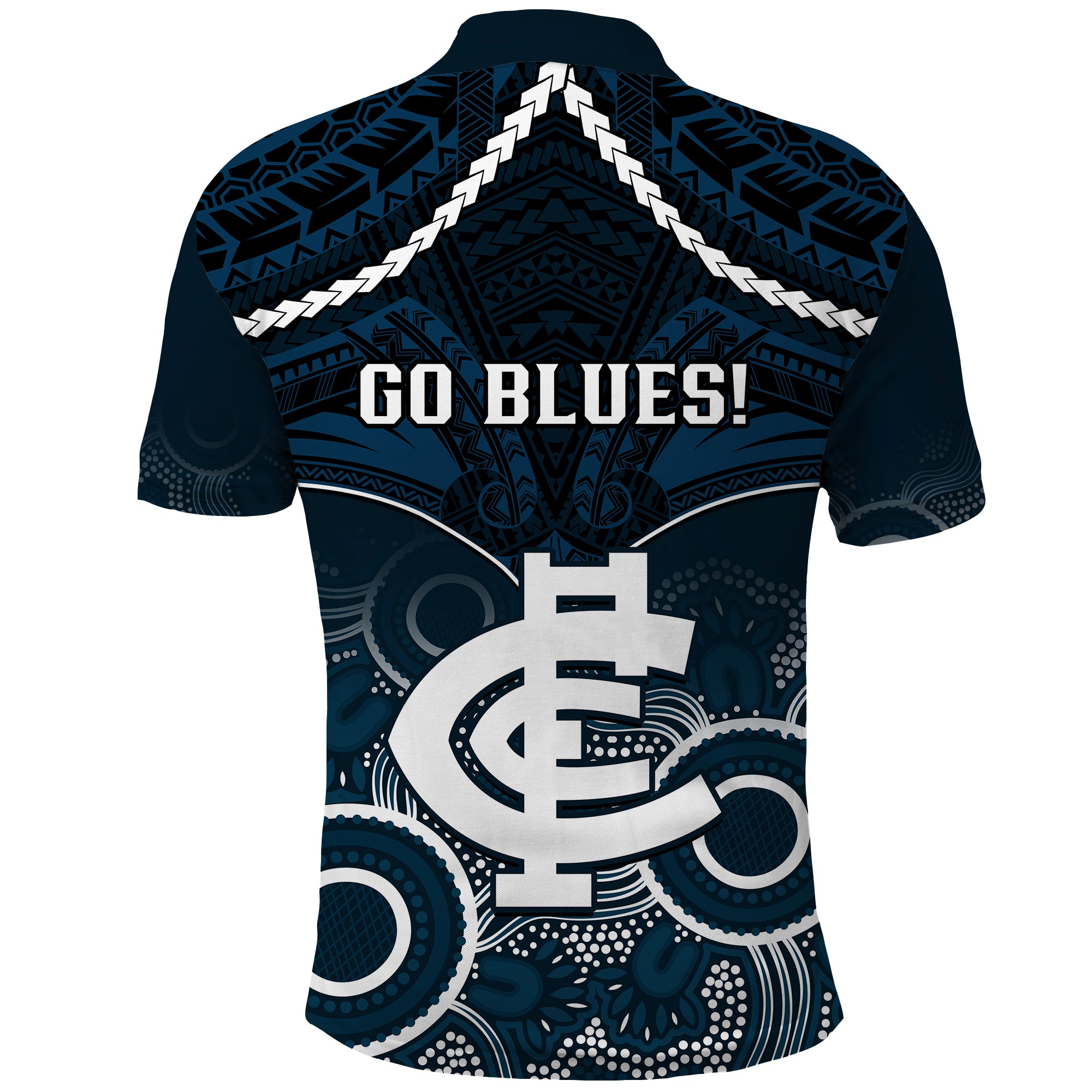 Carlton Football Polo Shirt Blues Aboriginal Mix Polynesian Pattern LT14