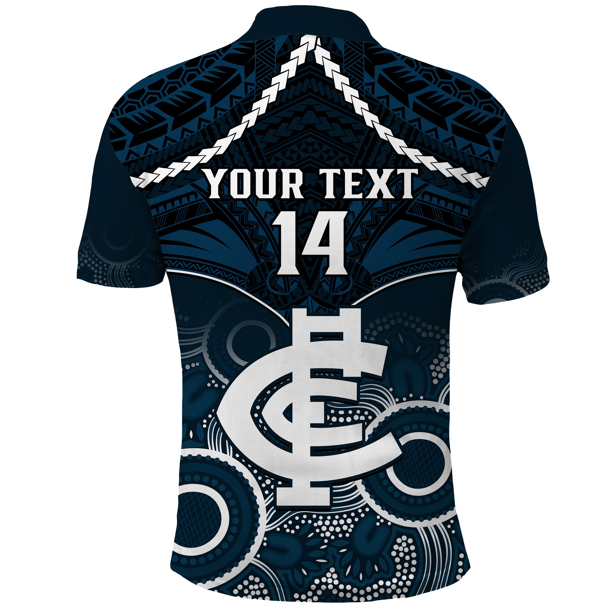 Personalised Carlton Football Polo Shirt Blues Aboriginal Mix Polynesian Pattern LT14