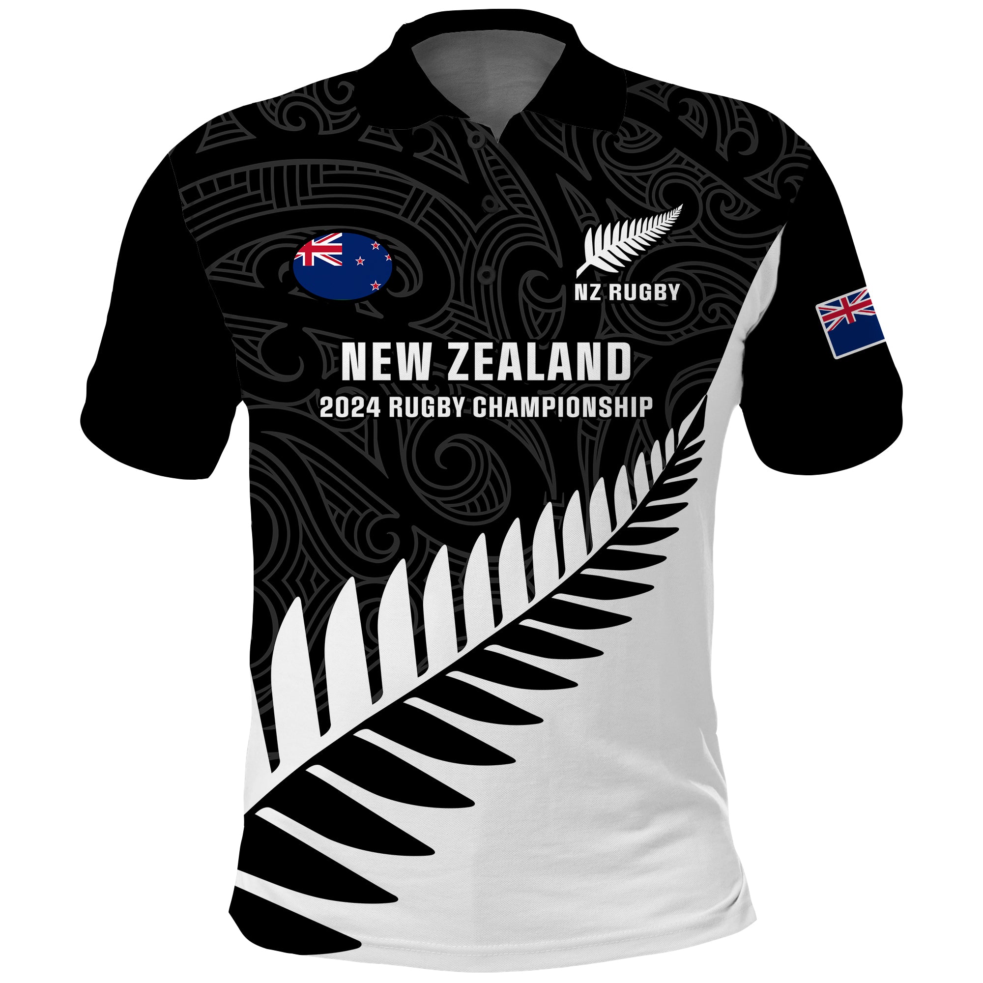 New Zealand Silver Fern Rugby Polo Shirt All Black 2023 Go Champions Maori Pattern LT14