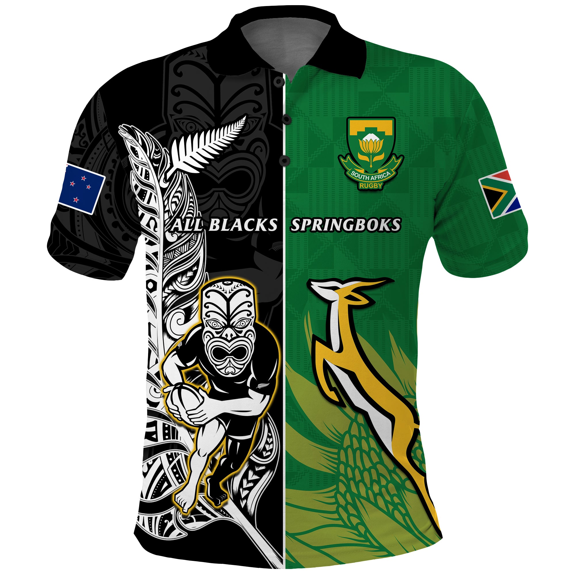 (Custom Personalised) New Zealand And South Africa Rugby Polo Shirt All Black Maori Mix Springboks LT14