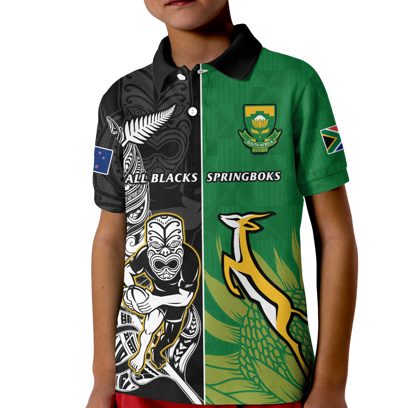 (Custom Personalised) New Zealand And South Africa Rugby Polo Shirt All Black Maori Mix Springboks LT14