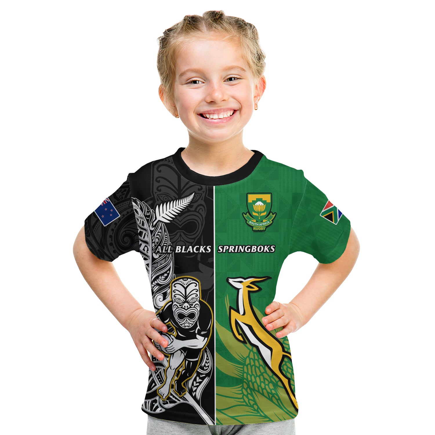 (Custom Personalised) New Zealand And South Africa Rugby T Shirt All Black Maori Mix Springboks LT14