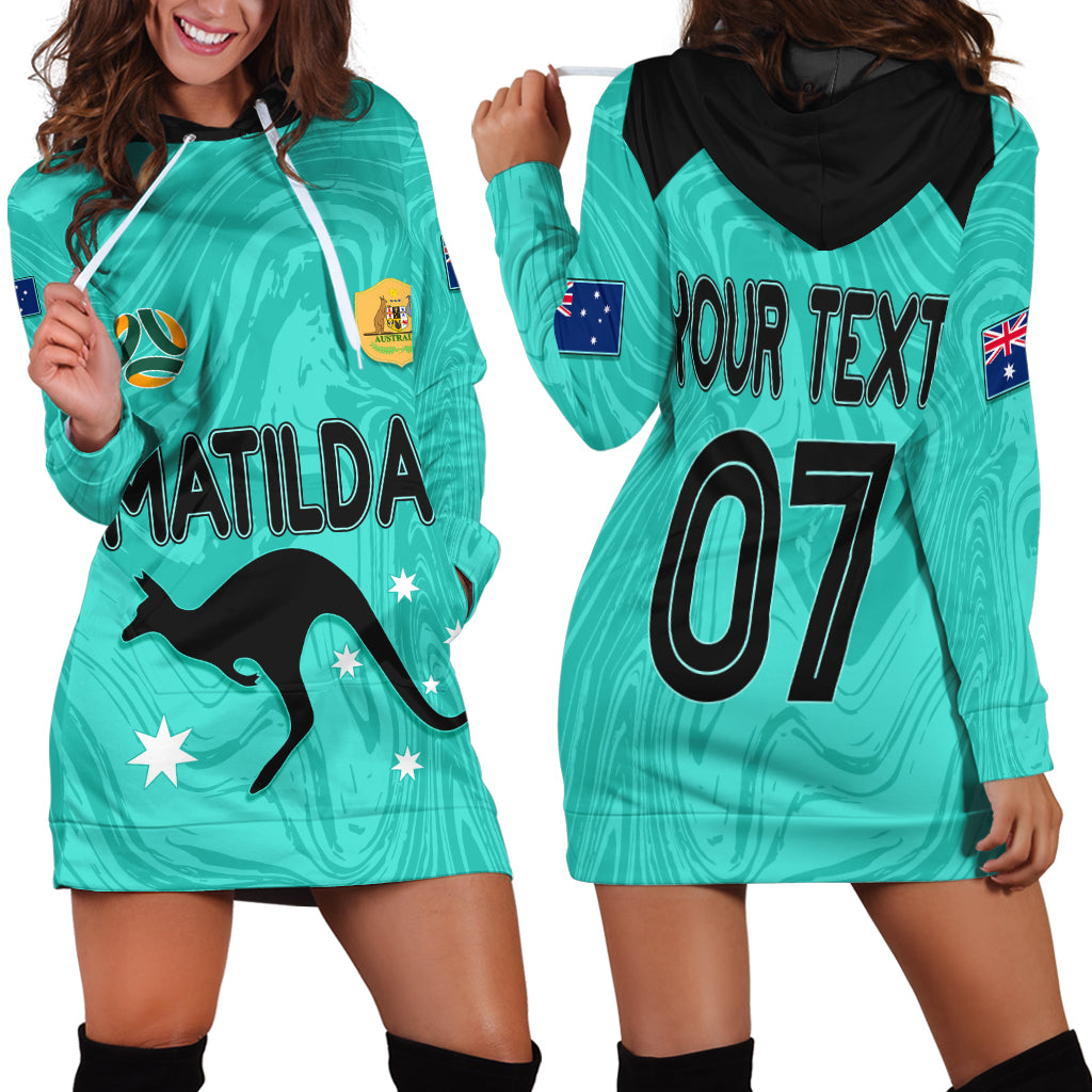 Personalised Aussie Matildas Hoodie Dress 2023 Women World Cup Marble Patterns - Turquoise LT7