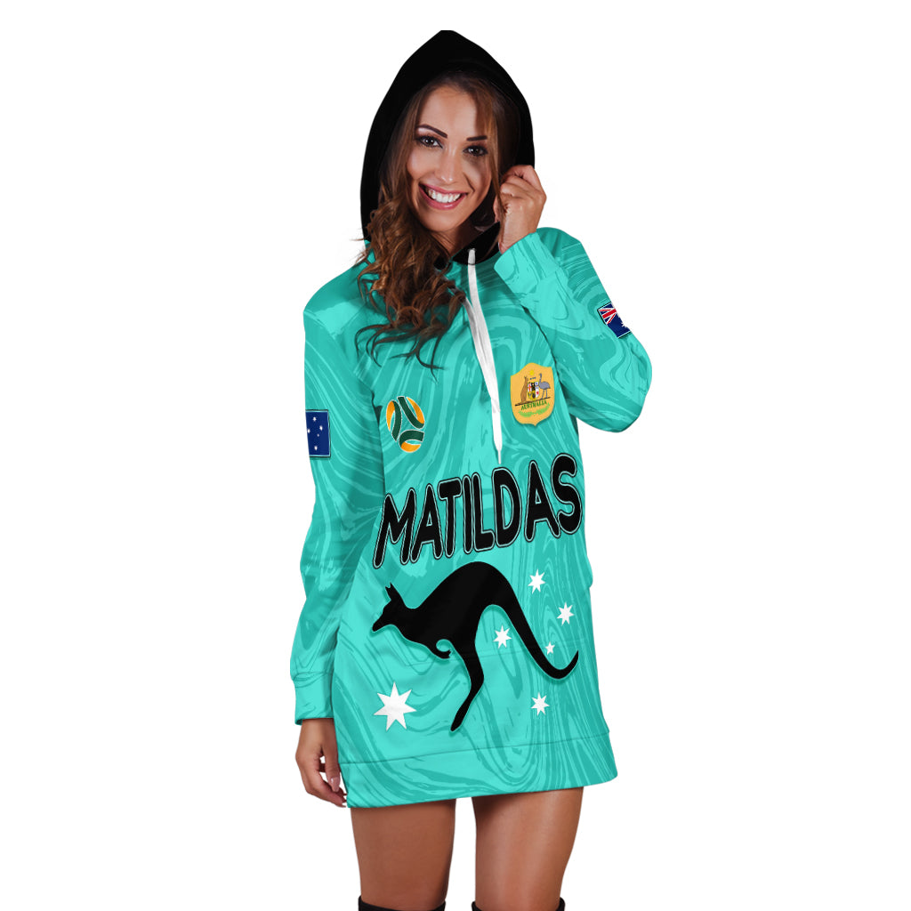 Personalised Aussie Matildas Hoodie Dress 2023 Women World Cup Marble Patterns - Turquoise LT7