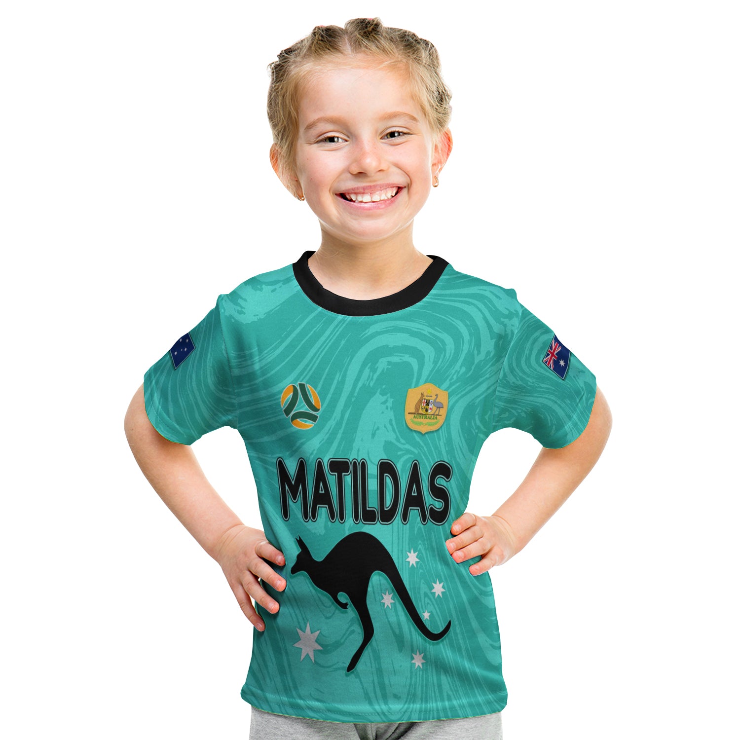 Personalised Aussie Matildas Kid T Shirt 2023 Women World Cup Marble Patterns - Turquoise LT7