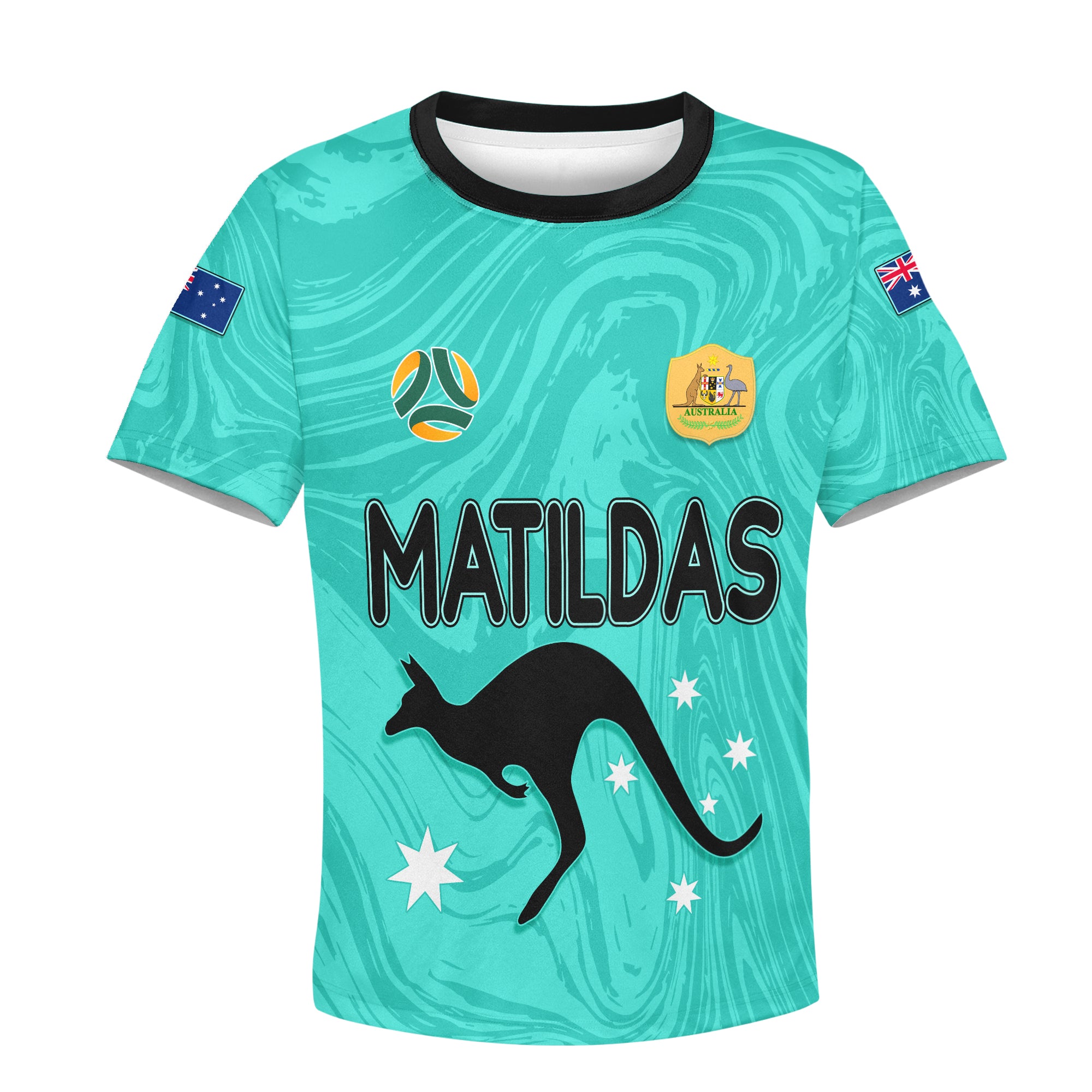 Personalised Aussie Matildas Kid T Shirt 2023 Women World Cup Marble Patterns - Turquoise LT7