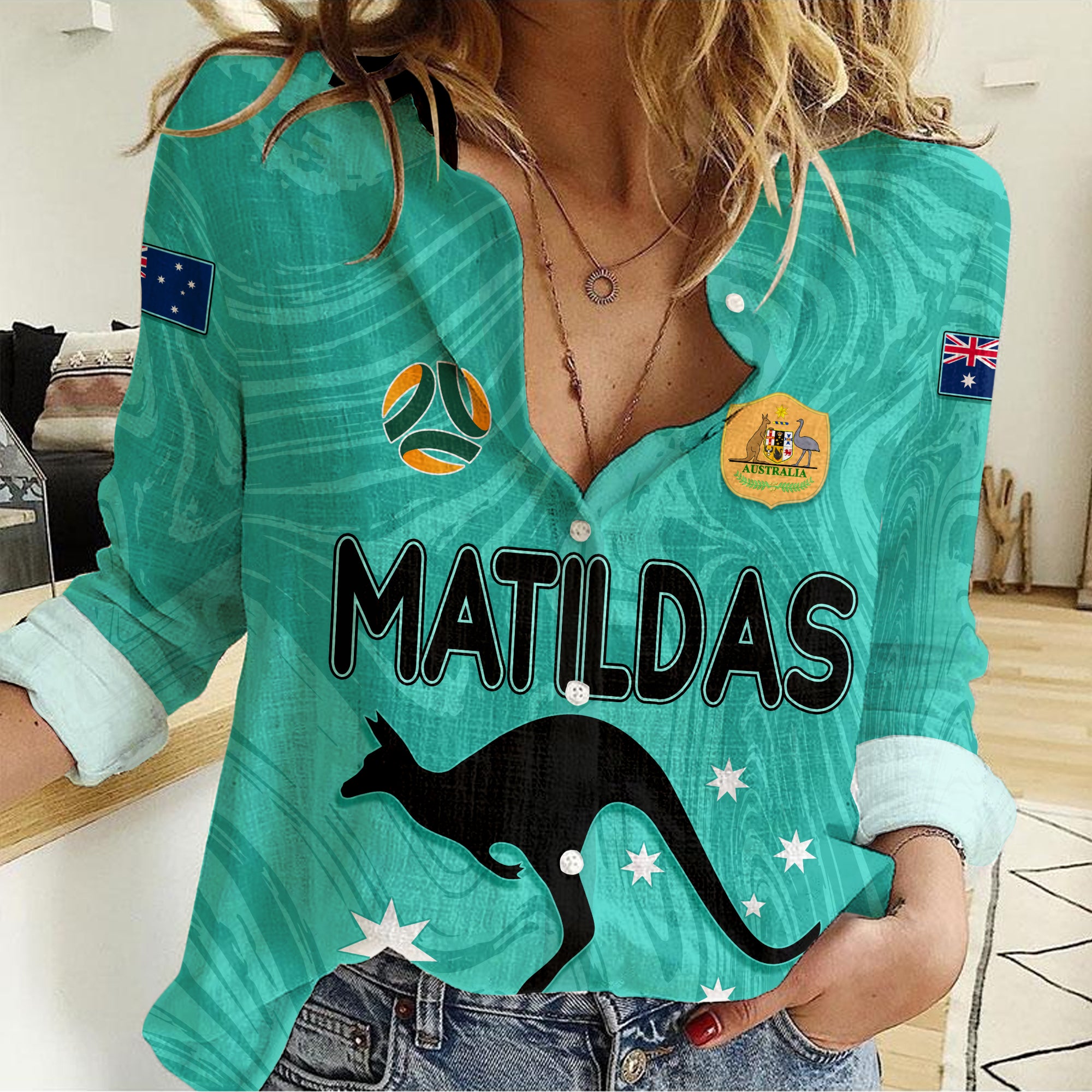 Personalised Aussie Matildas Women Casual Shirt 2023 Women World Cup Marble Patterns - Turquoise LT7