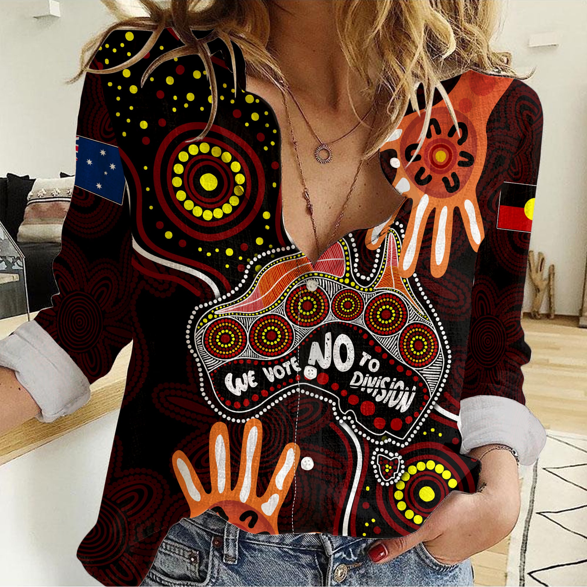 Australia Indigenous Women Casual Shirt We Vote NO To Division Aboriginal Map LT7