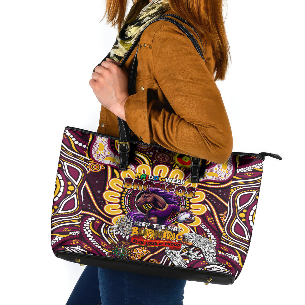 NAIDOC Week 2024 Broncos Leather Tote Bag Mascot Rugby