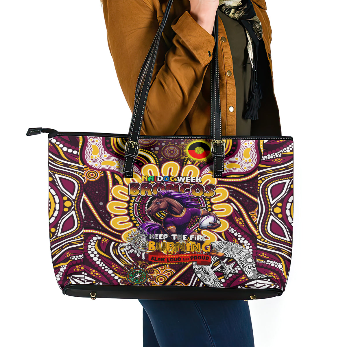 NAIDOC Week 2024 Broncos Leather Tote Bag Mascot Rugby