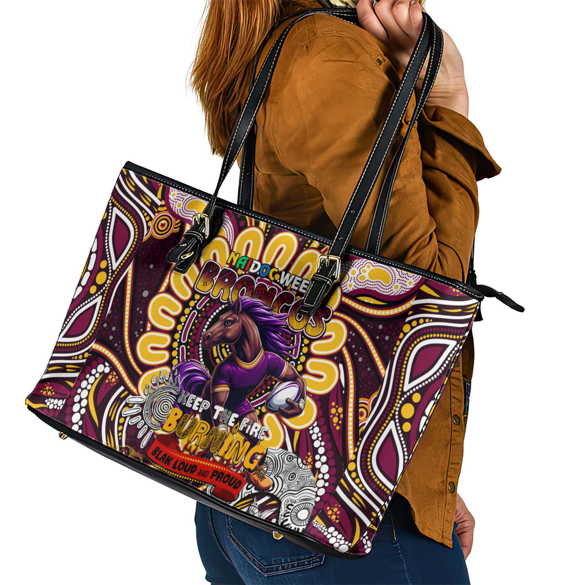 NAIDOC Week 2024 Broncos Leather Tote Bag Mascot Rugby