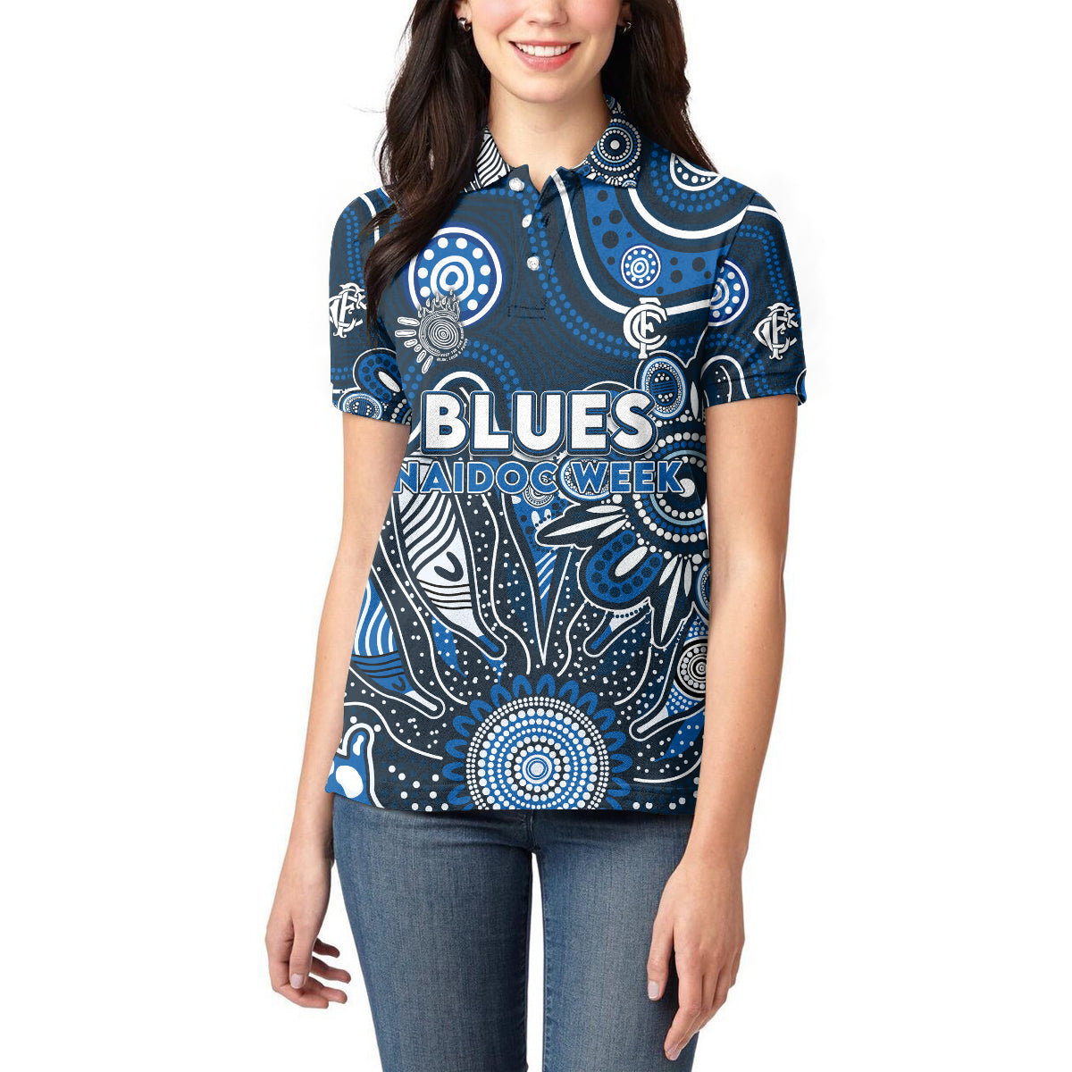 Personalised Blues NAIDOC Week 2024 Women Polo Shirt Aussie Aboriginal Art