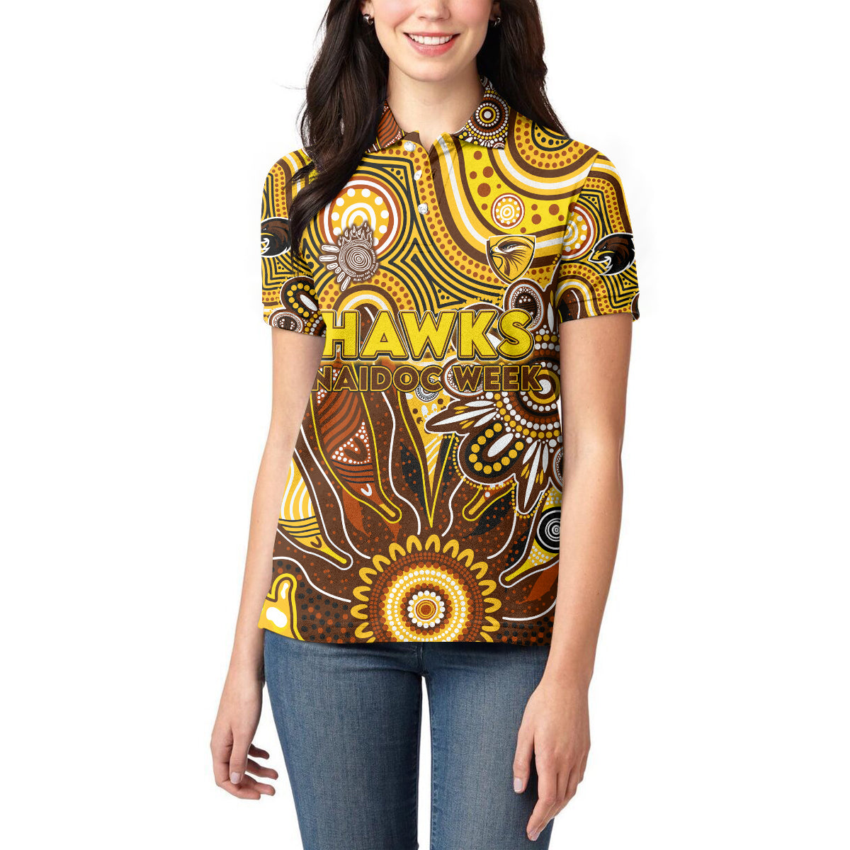 Personalised Hawks NAIDOC Week 2024 Women Polo Shirt Aussie Aboriginal Art