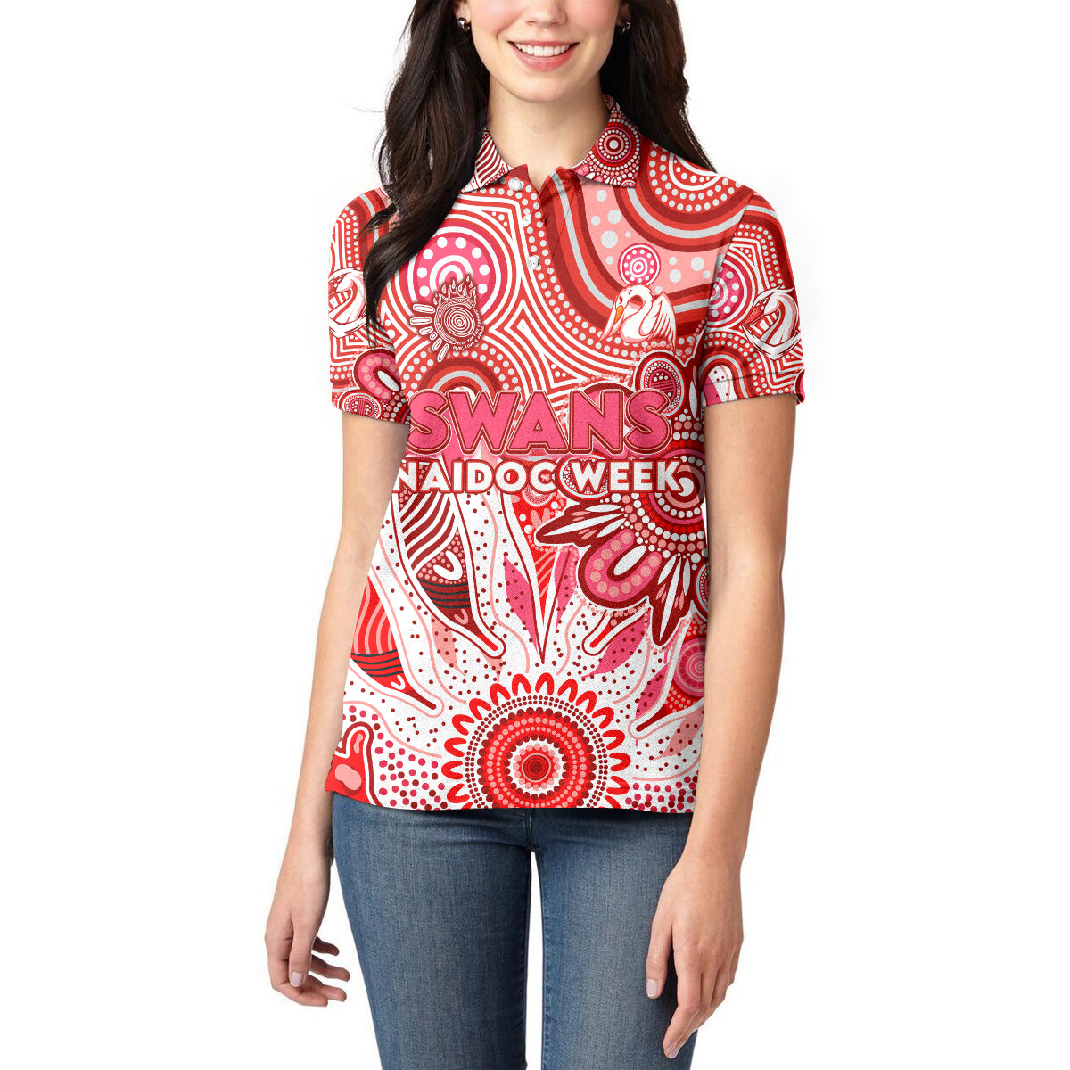 Personalised Swans NAIDOC Week 2024 Women Polo Shirt Aussie Aboriginal Art