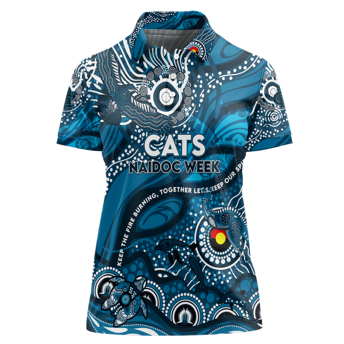 Custom NAIDOC Week 2024 Blues Women Polo Shirt Aboriginal Animals Keep The Fire Burning