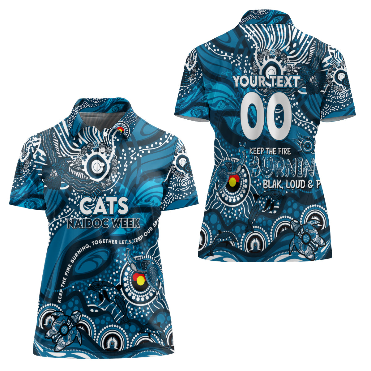 Custom NAIDOC Week 2024 Blues Women Polo Shirt Aboriginal Animals Keep The Fire Burning