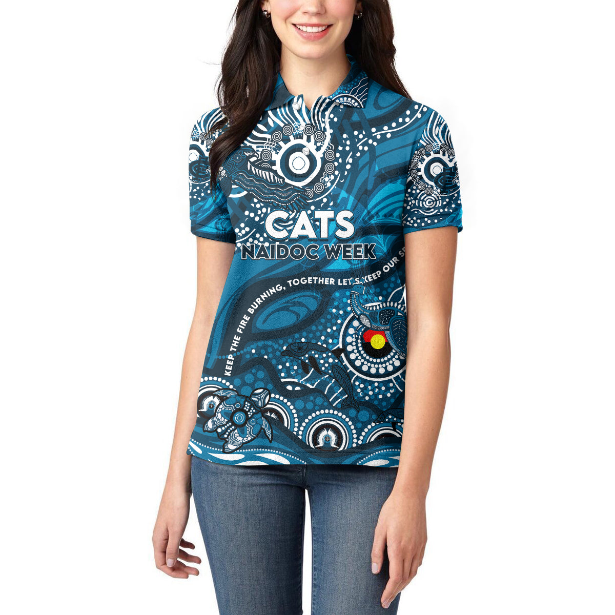 Custom NAIDOC Week 2024 Blues Women Polo Shirt Aboriginal Animals Keep The Fire Burning