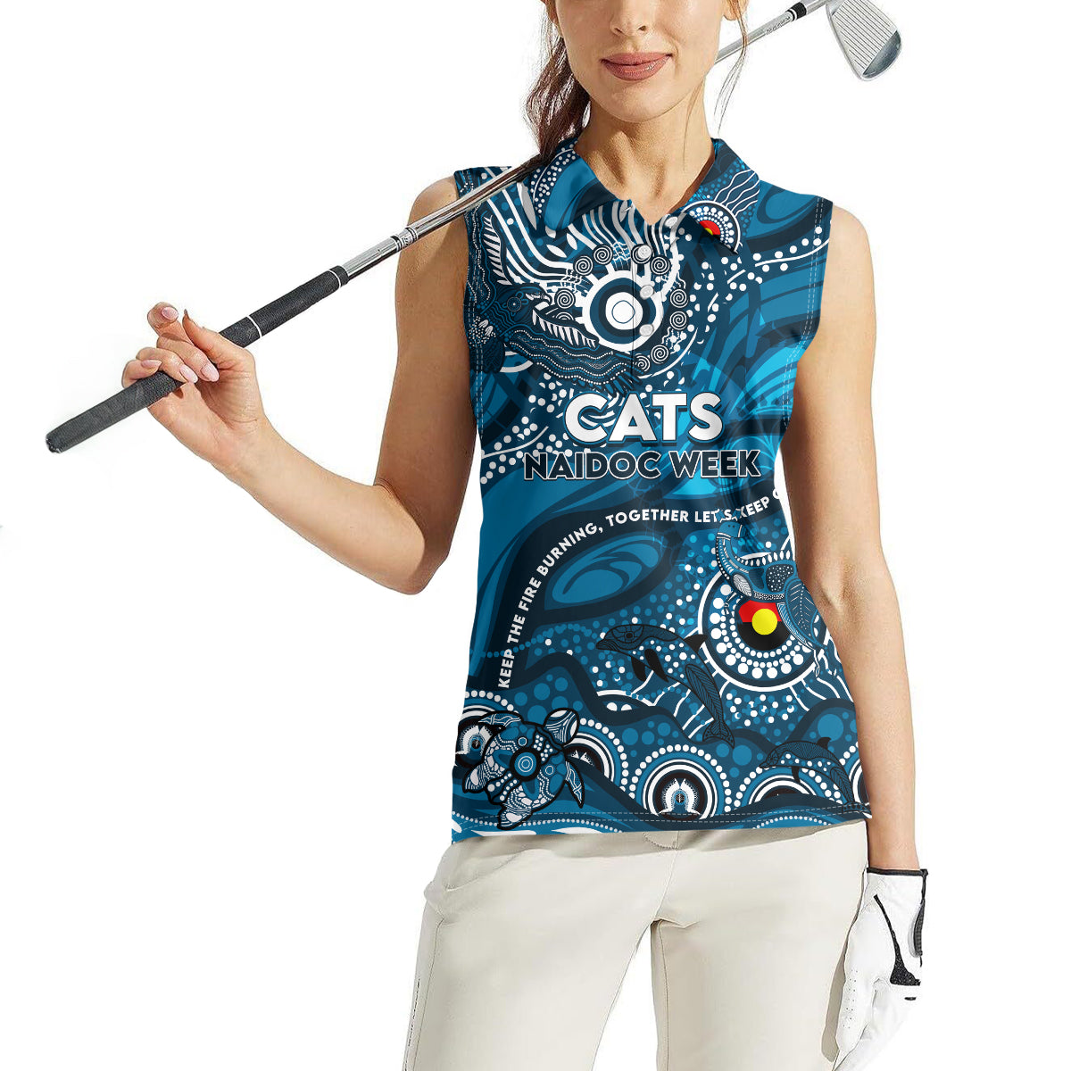 Custom NAIDOC Week 2024 Blues Women Sleeveless Polo Shirt Aboriginal Animals Keep The Fire Burning