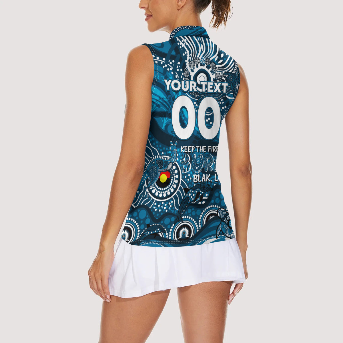 Custom NAIDOC Week 2024 Blues Women Sleeveless Polo Shirt Aboriginal Animals Keep The Fire Burning