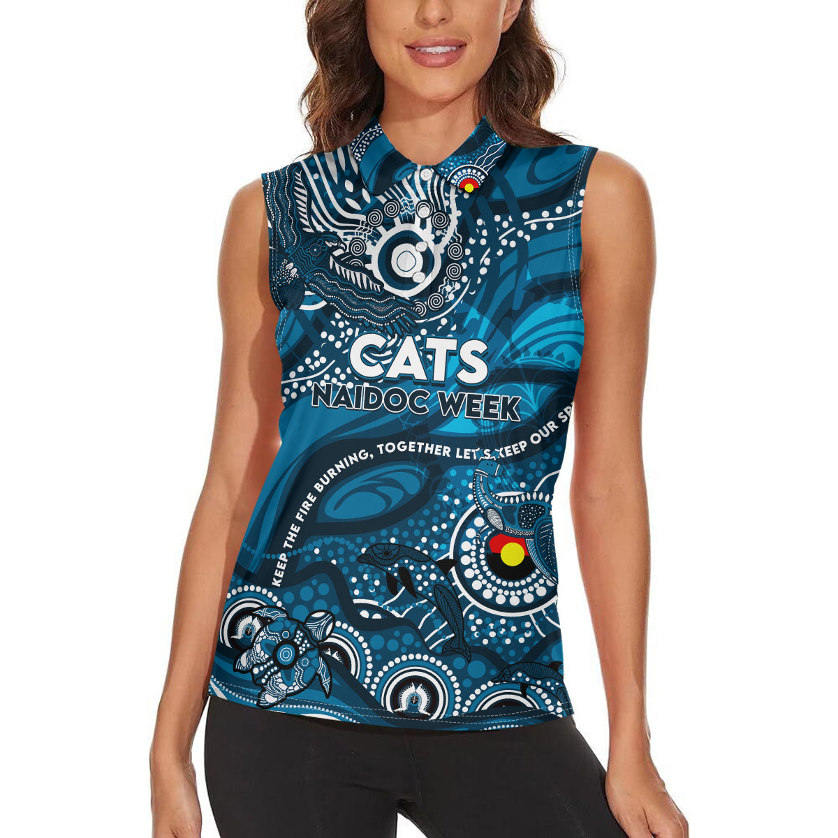 Custom NAIDOC Week 2024 Blues Women Sleeveless Polo Shirt Aboriginal Animals Keep The Fire Burning