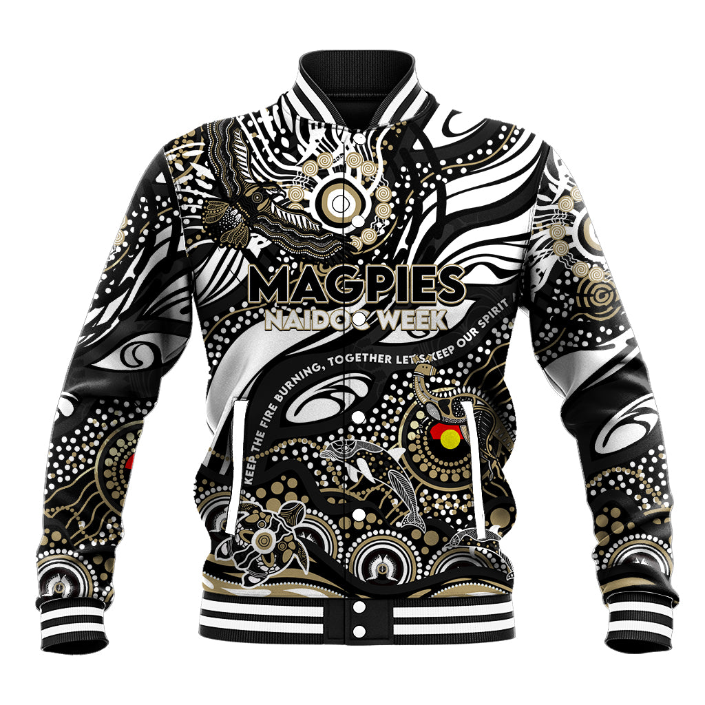 Custom NAIDOC Week 2024 Magpies Baseball Jacket Aboriginal Animals Keep The Fire Burning