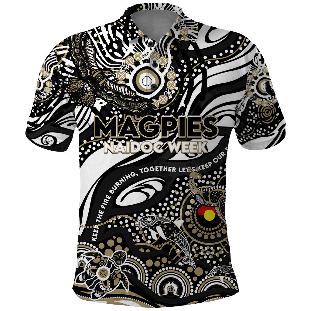 Custom NAIDOC Week 2024 Magpies Polo Shirt Aboriginal Animals Keep The Fire Burning