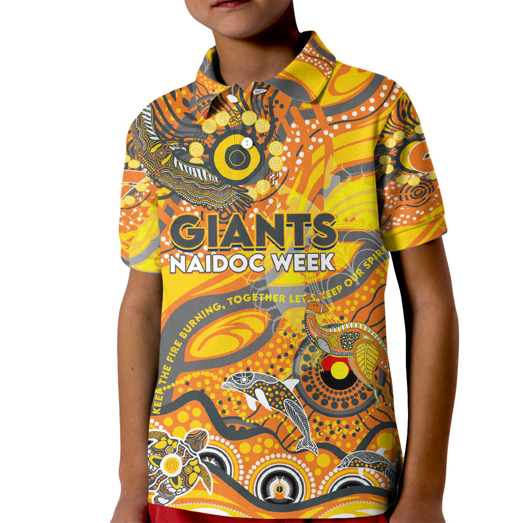 Custom NAIDOC Week 2024 Giants Kid Polo Shirt Aboriginal Animals Keep The Fire Burning