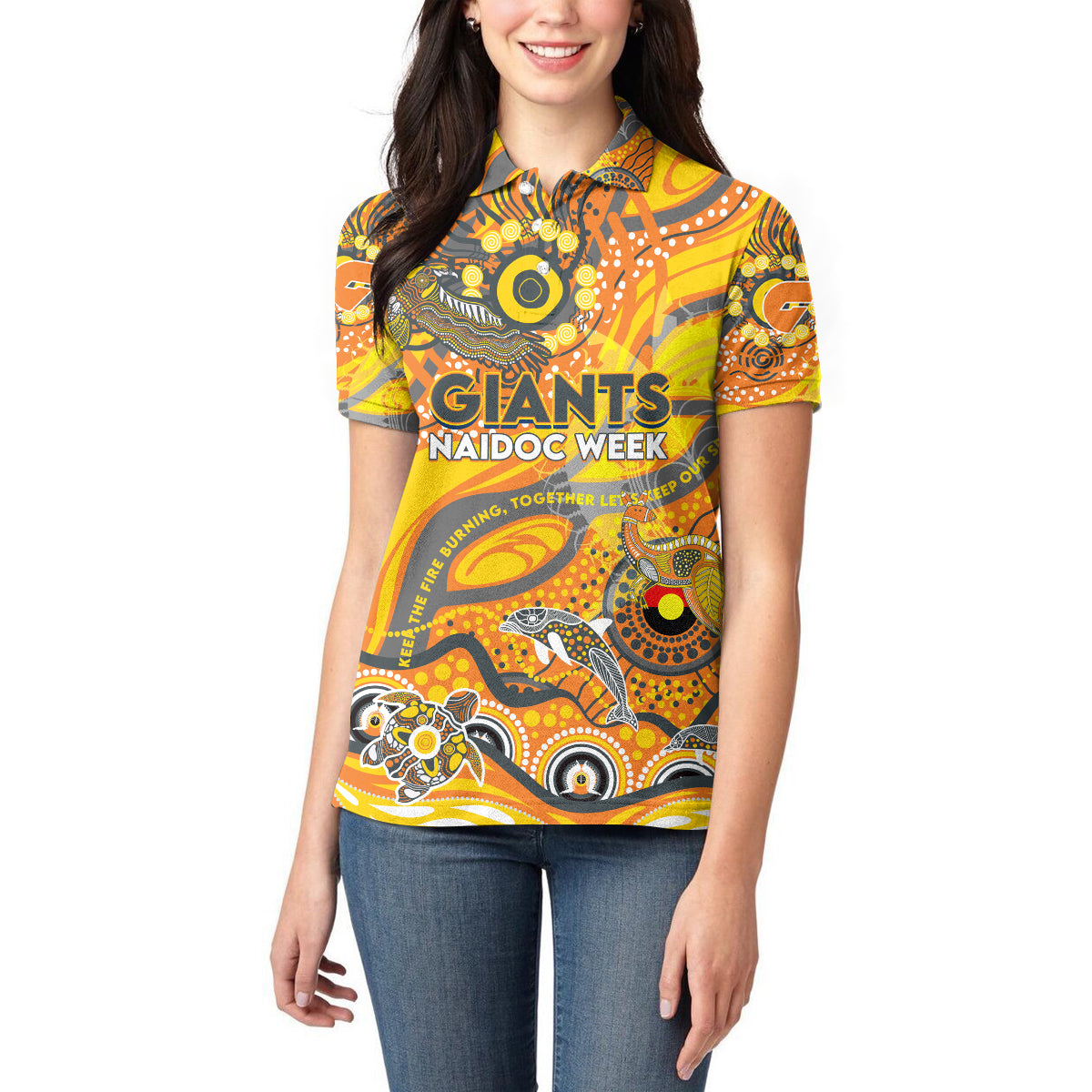 Custom NAIDOC Week 2024 Giants Women Polo Shirt Aboriginal Animals Keep The Fire Burning