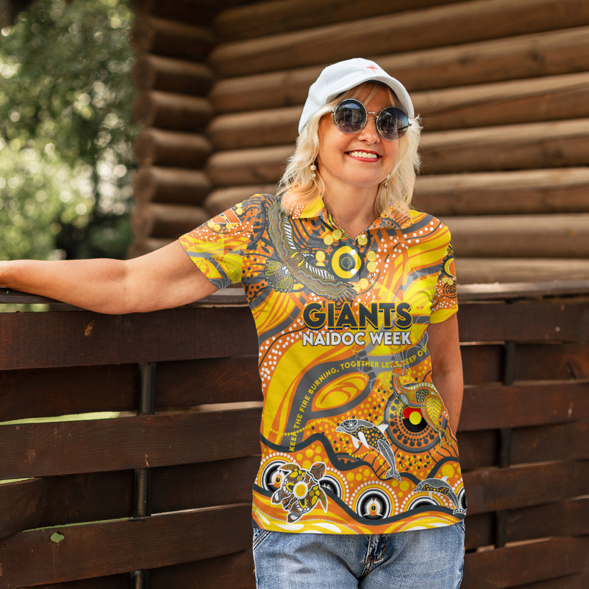 Custom NAIDOC Week 2024 Giants Women Polo Shirt Aboriginal Animals Keep The Fire Burning