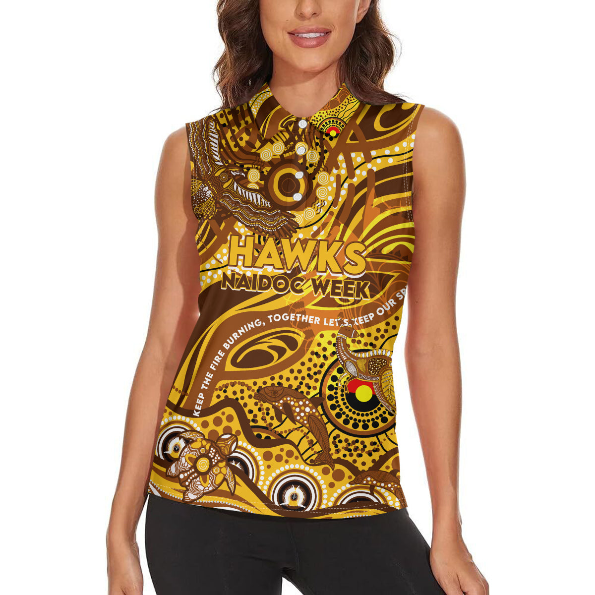 Custom NAIDOC Week 2024 Hawks Women Sleeveless Polo Shirt Aboriginal Animals Keep The Fire Burning