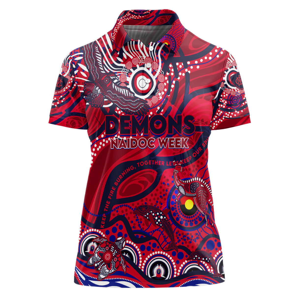 Custom NAIDOC Week 2024 Demons Women Polo Shirt Aboriginal Animals Keep The Fire Burning