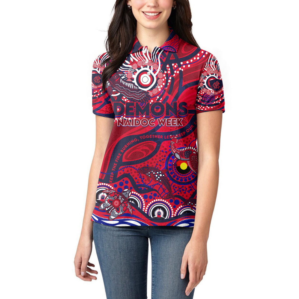 Custom NAIDOC Week 2024 Demons Women Polo Shirt Aboriginal Animals Keep The Fire Burning