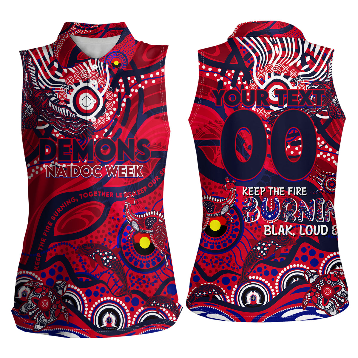 Custom NAIDOC Week 2024 Demons Women Sleeveless Polo Shirt Aboriginal Animals Keep The Fire Burning