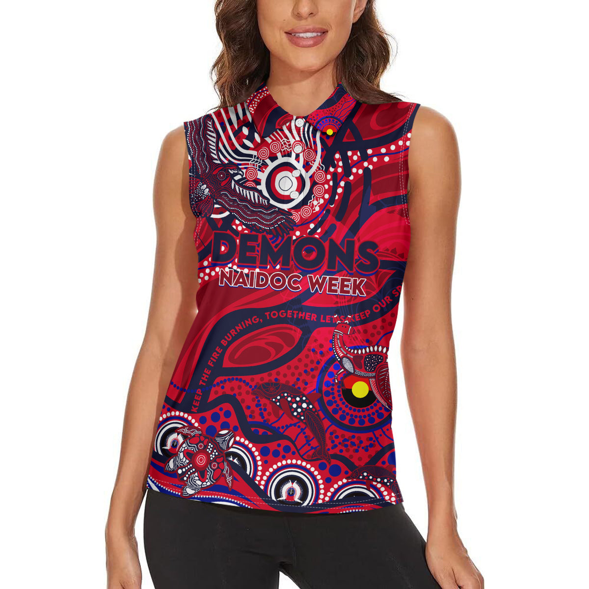 Custom NAIDOC Week 2024 Demons Women Sleeveless Polo Shirt Aboriginal Animals Keep The Fire Burning