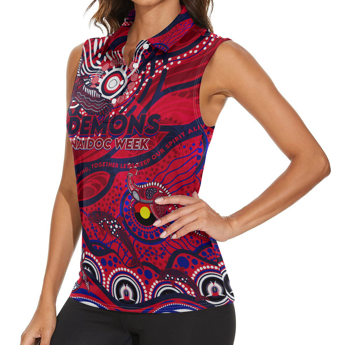 Custom NAIDOC Week 2024 Demons Women Sleeveless Polo Shirt Aboriginal Animals Keep The Fire Burning