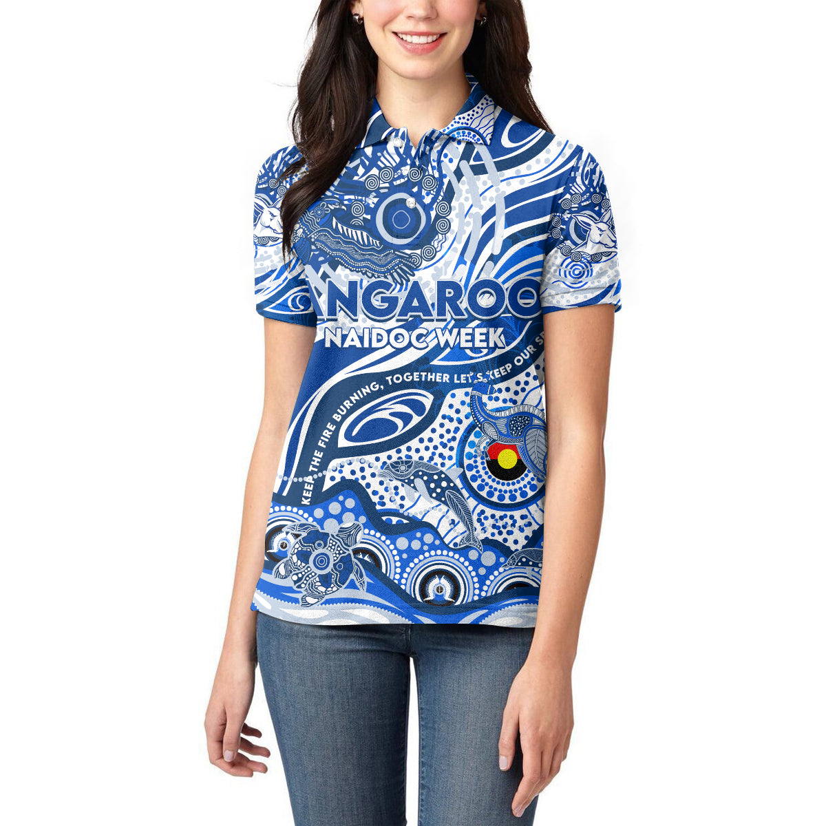 Custom NAIDOC Week 2024 Kangaroos Women Polo Shirt Aboriginal Animals Keep The Fire Burning