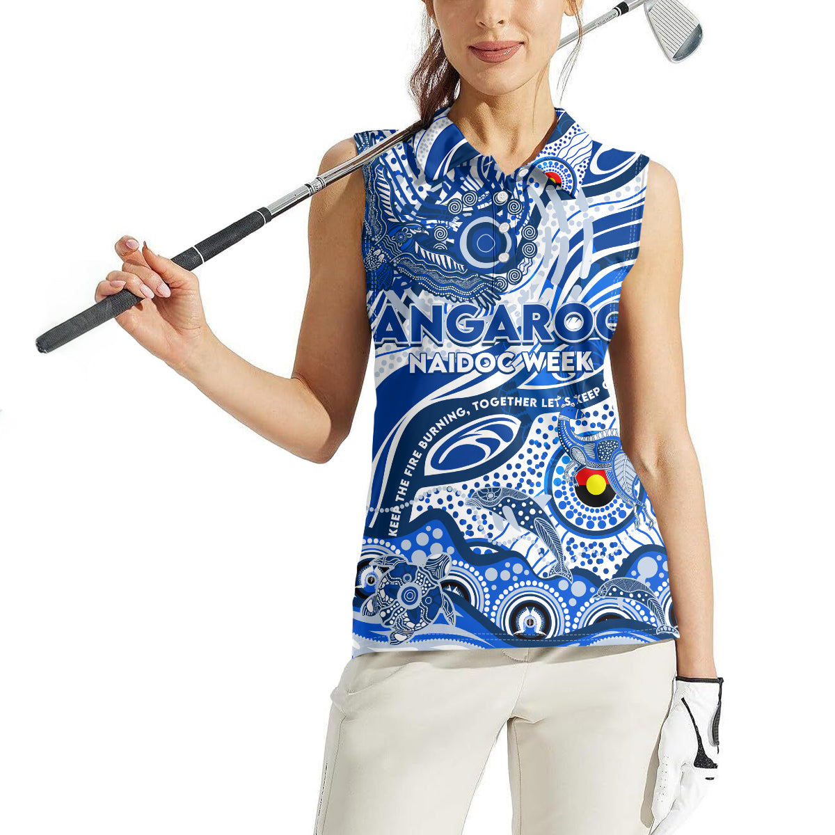 Custom NAIDOC Week 2024 Kangaroos Women Sleeveless Polo Shirt Aboriginal Animals Keep The Fire Burning