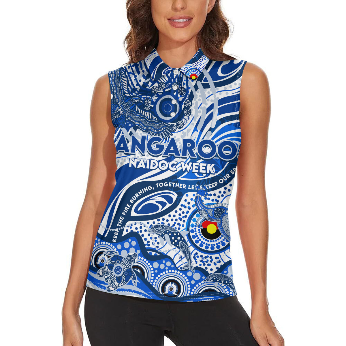 Custom NAIDOC Week 2024 Kangaroos Women Sleeveless Polo Shirt Aboriginal Animals Keep The Fire Burning