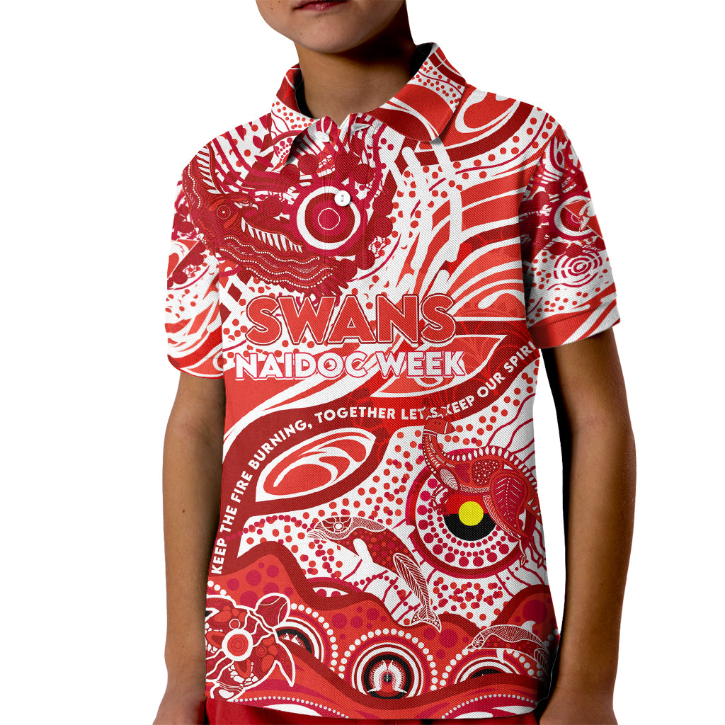 Custom NAIDOC Week 2024 Swans Kid Polo Shirt Aboriginal Animals Keep The Fire Burning