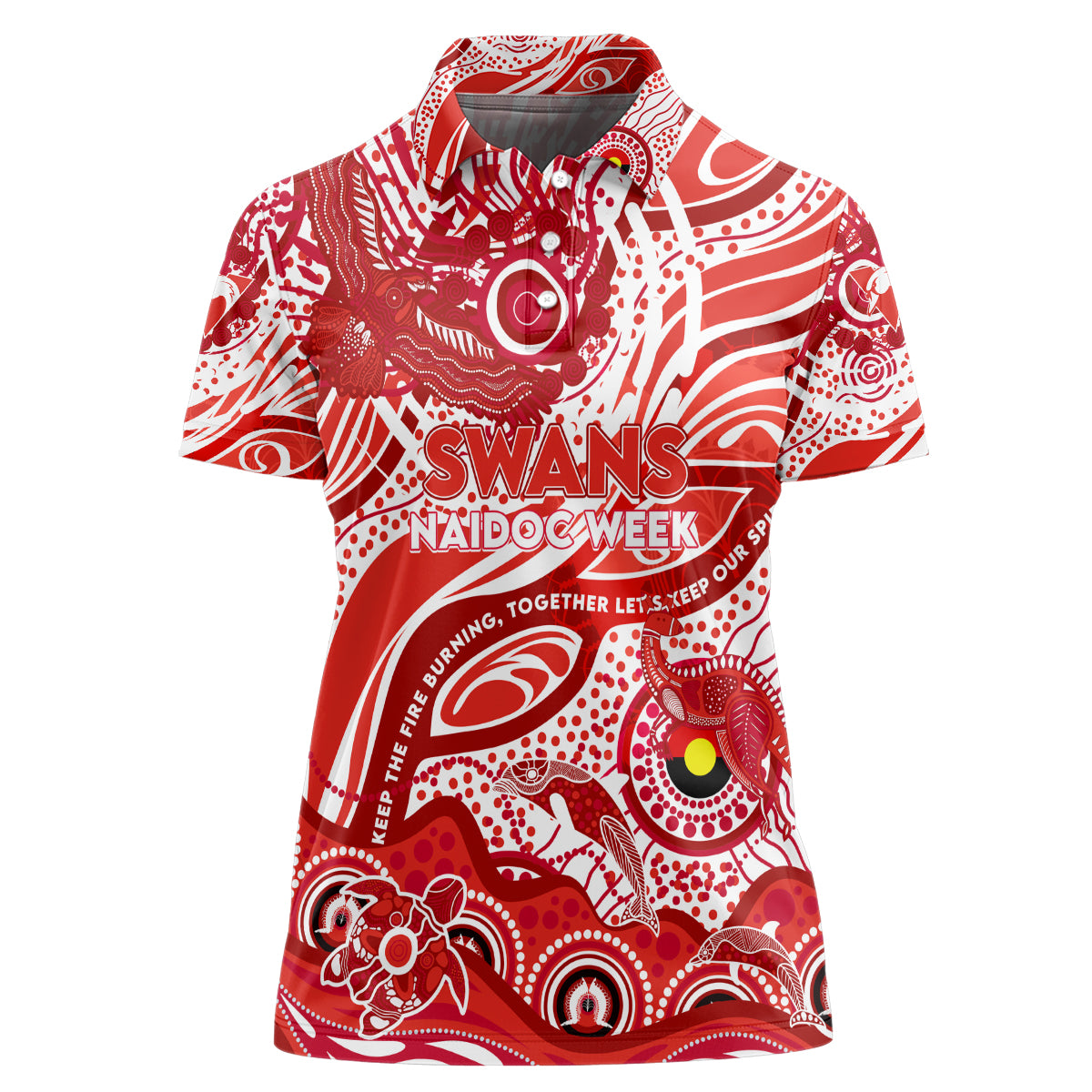 Custom NAIDOC Week 2024 Swans Women Polo Shirt Aboriginal Animals Keep The Fire Burning