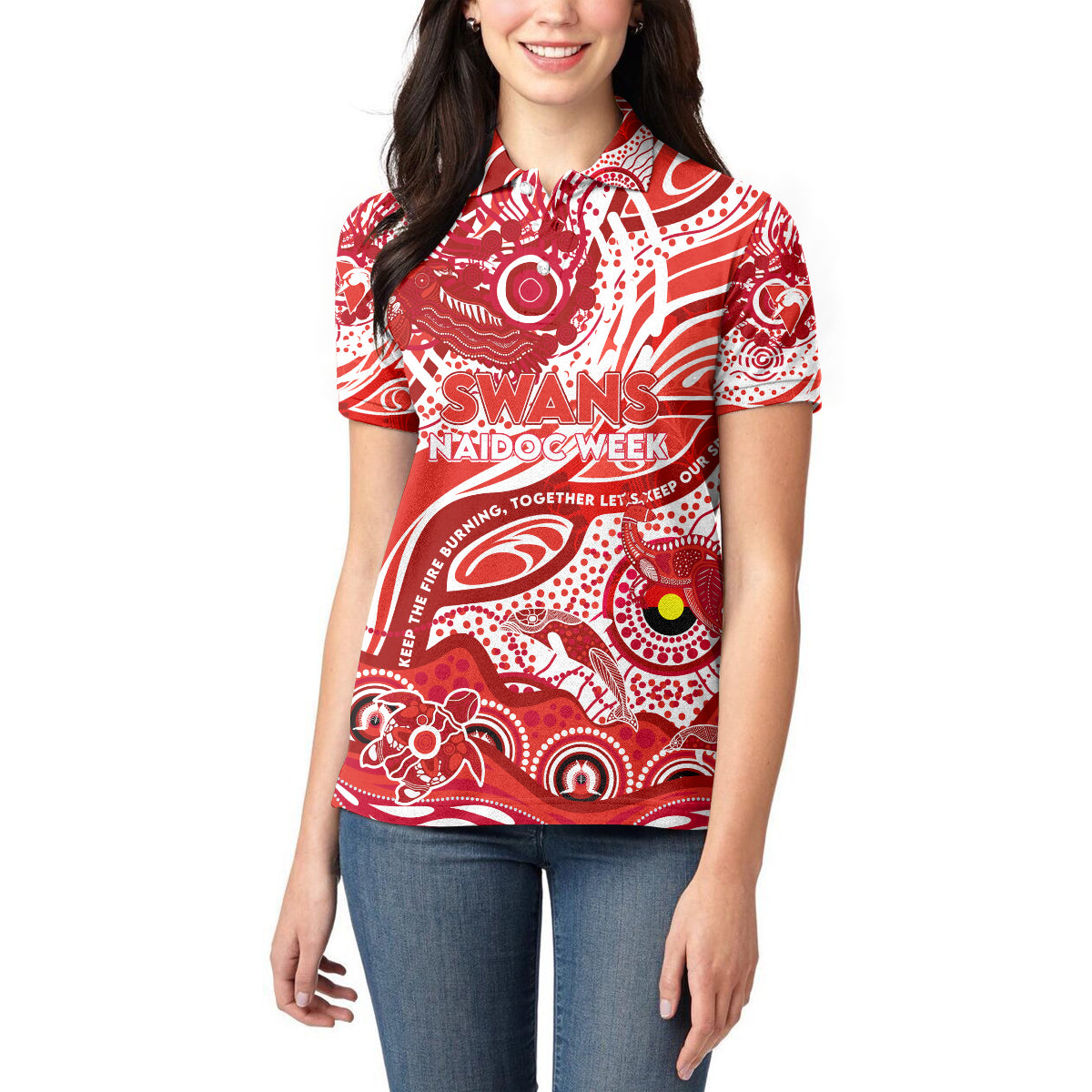 Custom NAIDOC Week 2024 Swans Women Polo Shirt Aboriginal Animals Keep The Fire Burning