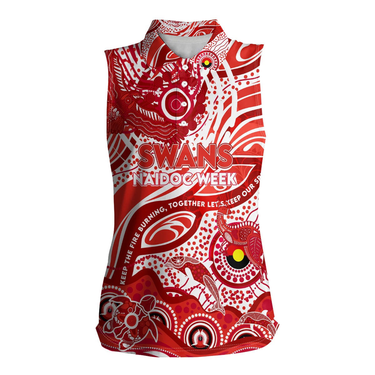 Custom NAIDOC Week 2024 Swans Women Sleeveless Polo Shirt Aboriginal Animals Keep The Fire Burning