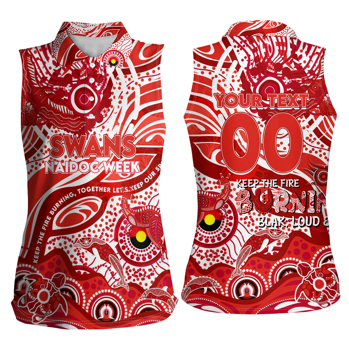 Custom NAIDOC Week 2024 Swans Women Sleeveless Polo Shirt Aboriginal Animals Keep The Fire Burning