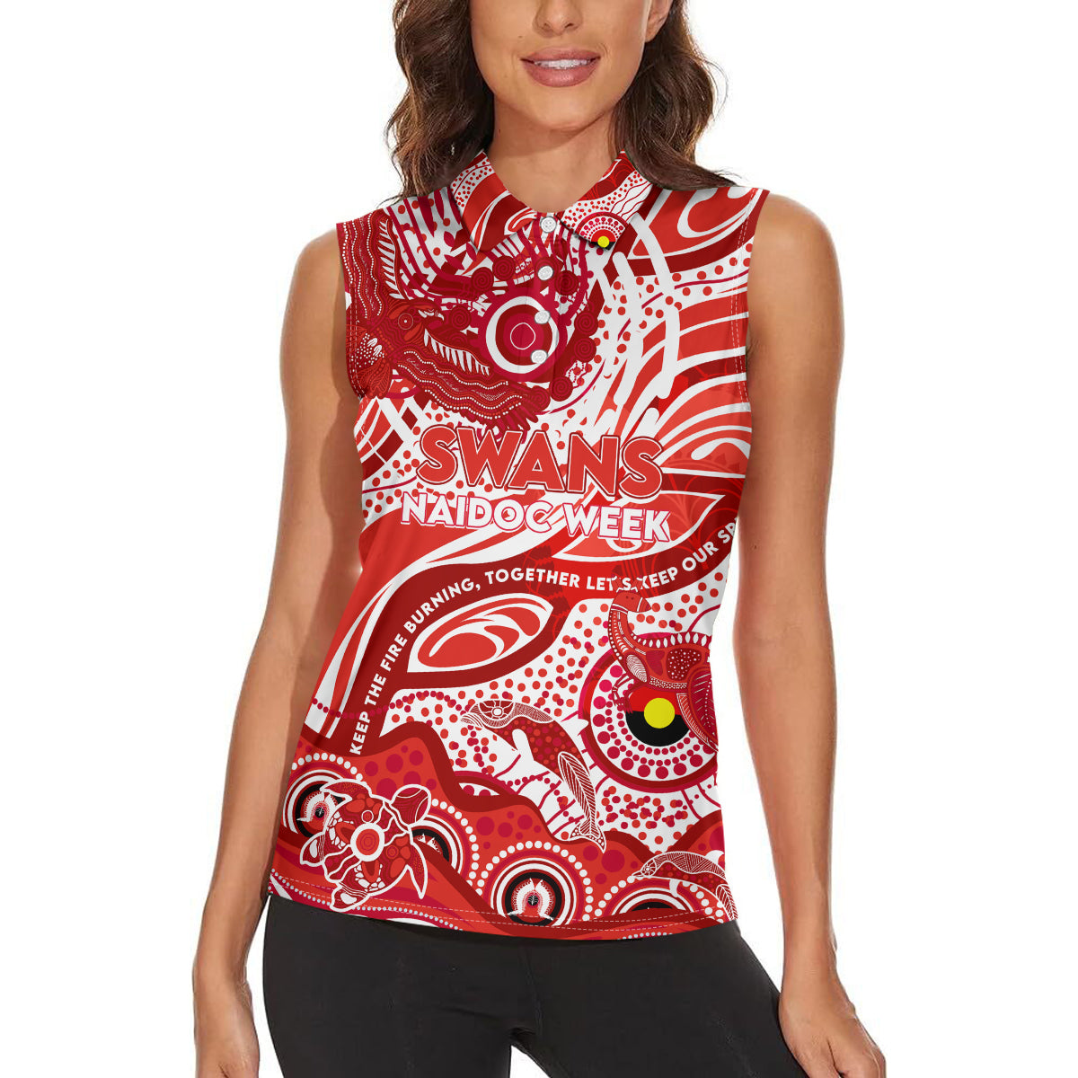 Custom NAIDOC Week 2024 Swans Women Sleeveless Polo Shirt Aboriginal Animals Keep The Fire Burning