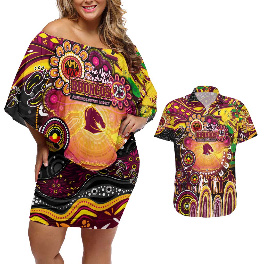 Personalised NAIDOC Week 2025 Broncos Rugby Couples Matching Off Shoulder Short Dress and Hawaiian Shirt Aboriginal Dot Painting