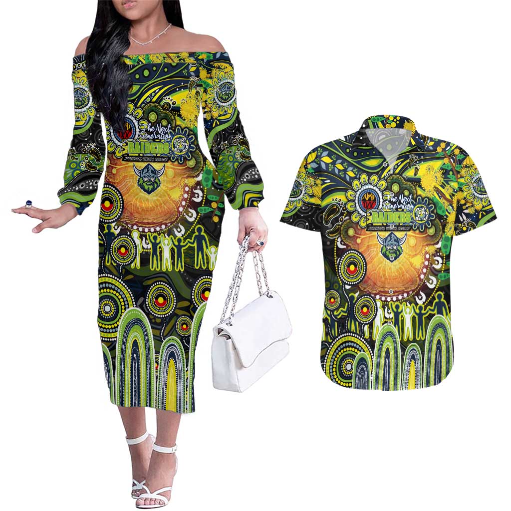 Personalised NAIDOC Week 2025 Raiders Rugby Couples Matching Off The Shoulder Long Sleeve Dress and Hawaiian Shirt Aboriginal Dot Painting