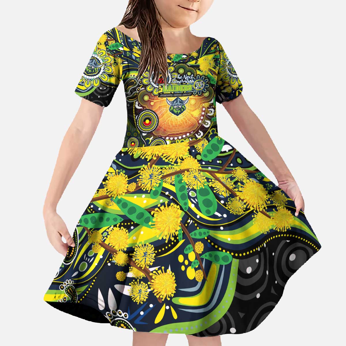 Personalised NAIDOC Week 2025 Raiders Rugby Family Matching Off The Shoulder Long Sleeve Dress and Hawaiian Shirt Aboriginal Dot Painting
