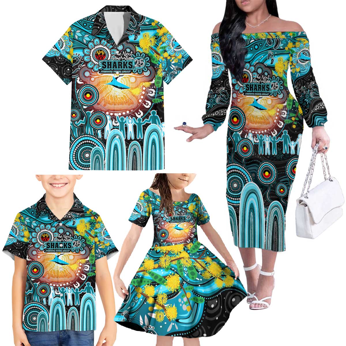 Personalised NAIDOC Week 2025 Sharks Rugby Family Matching Off The Shoulder Long Sleeve Dress and Hawaiian Shirt Aboriginal Dot Painting