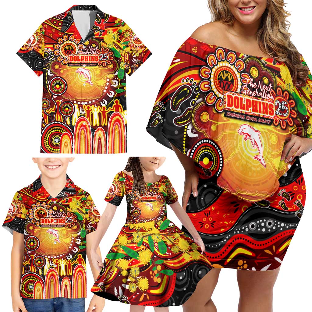 Personalised NAIDOC Week 2025 Dolphins Rugby Family Matching Off Shoulder Short Dress and Hawaiian Shirt Aboriginal Dot Painting